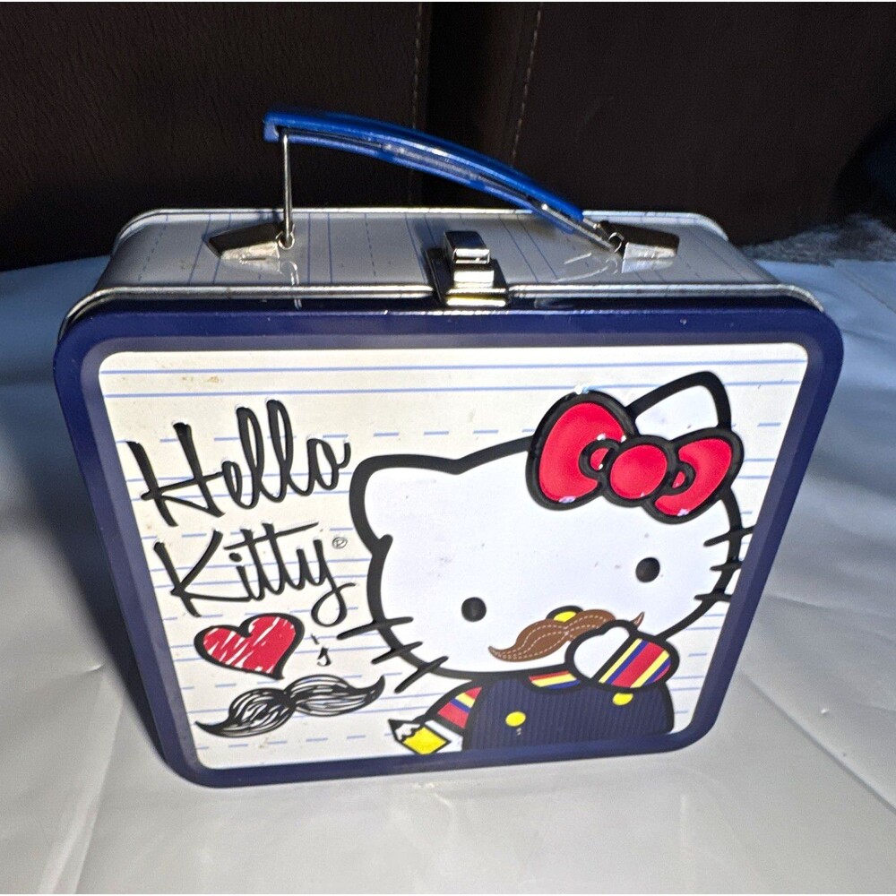 Hello Kitty Metal Lunchbox Tin with Blue Handle, Mustache Design